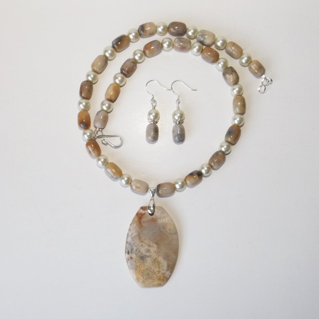 Natural Coral Fossil Necklace/Earrings Set (#1012)